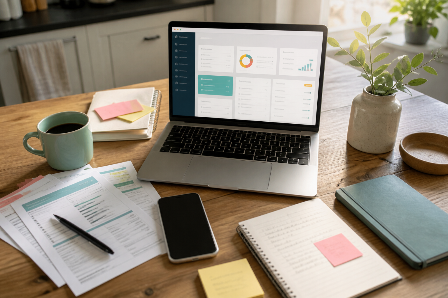 A kitchen table with bills, notes, and a laptop dashboard.